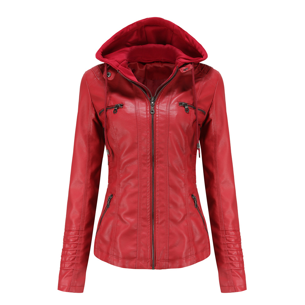 Women's Hooded Faux Leather Jacket – Detachable Hood