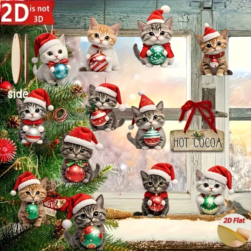 Flat Christmas Cat Wooden Ornaments — 12-Piece Set