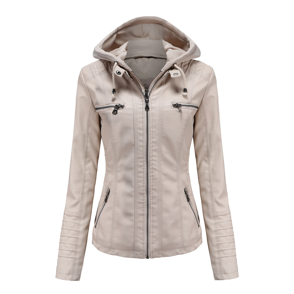 Women's Hooded Faux Leather Jacket – Detachable Hood