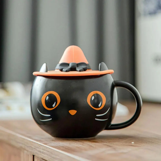 Black Cat Mug with Lid & Spoon