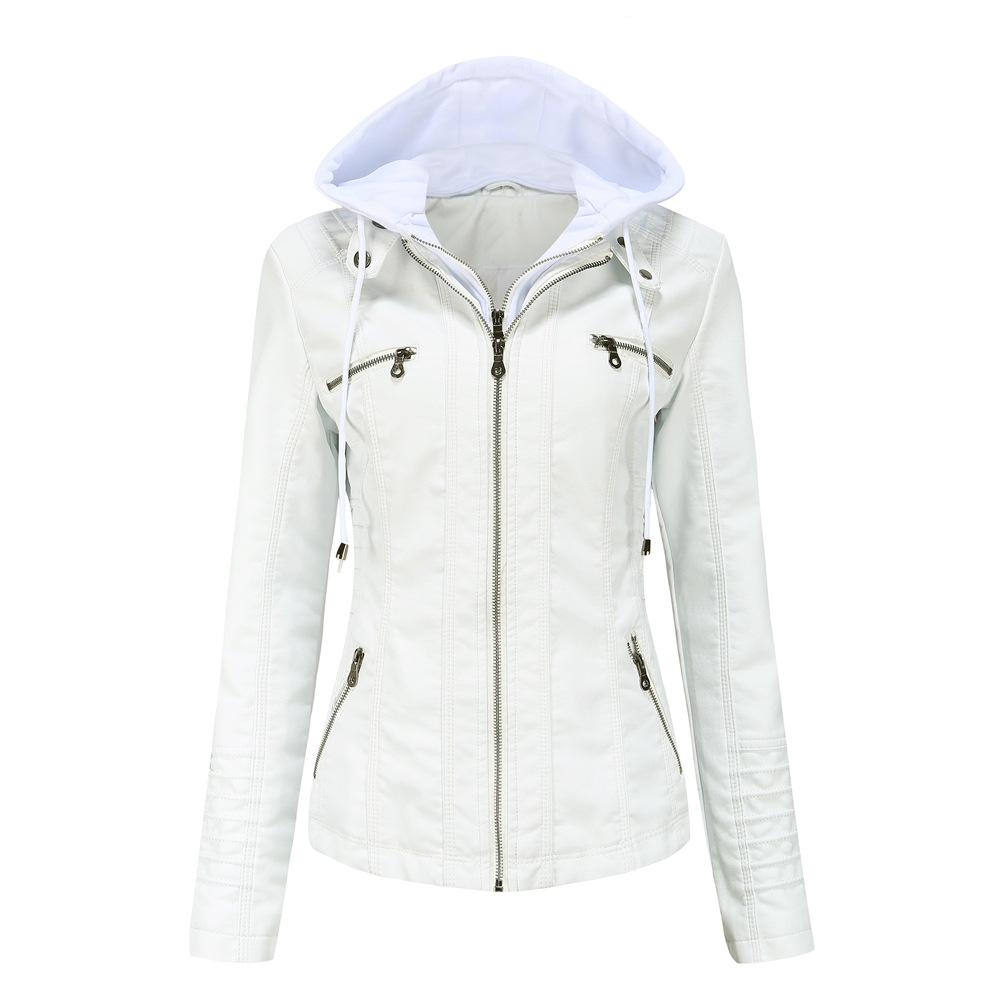 Women's Hooded Faux Leather Jacket – Detachable Hood