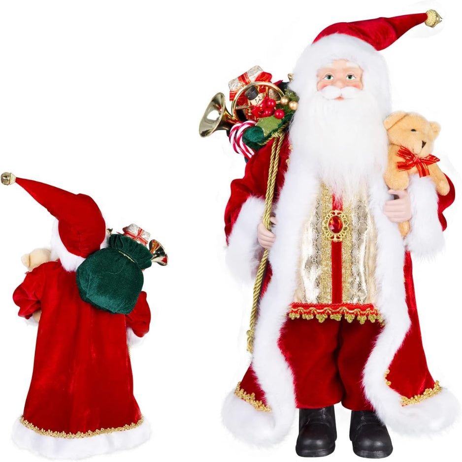 Santa Claus figurine with gift bag, front and back view