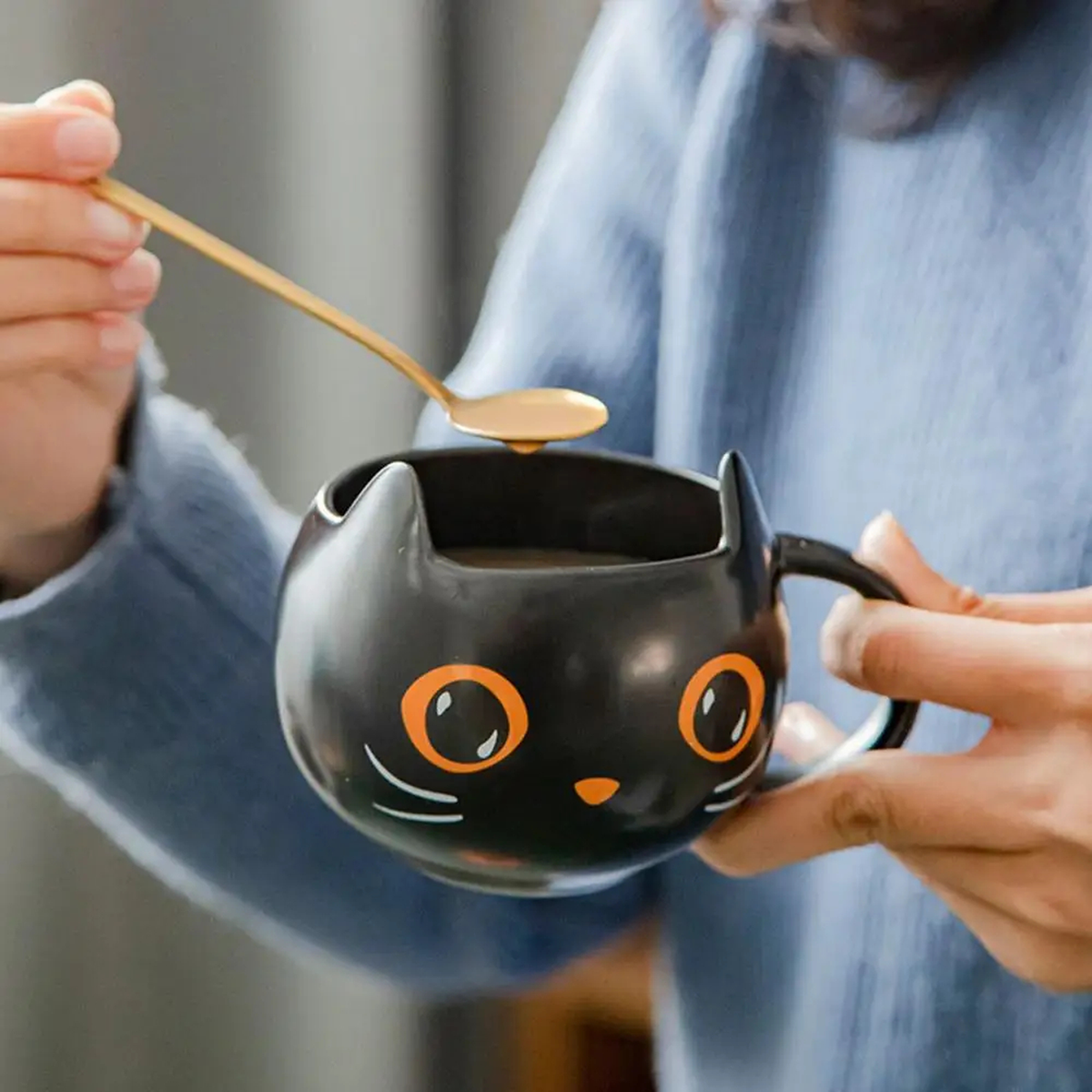 Black Cat Mug with Lid & Spoon
