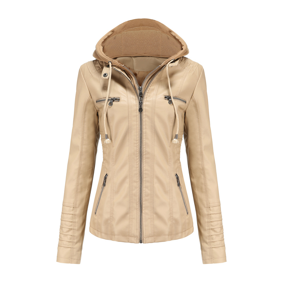 Women's Hooded Faux Leather Jacket – Detachable Hood