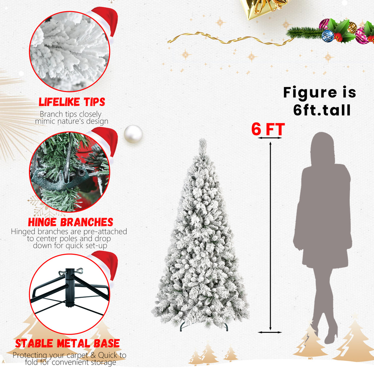6ft flocked Christmas tree size compared to a 6ft person