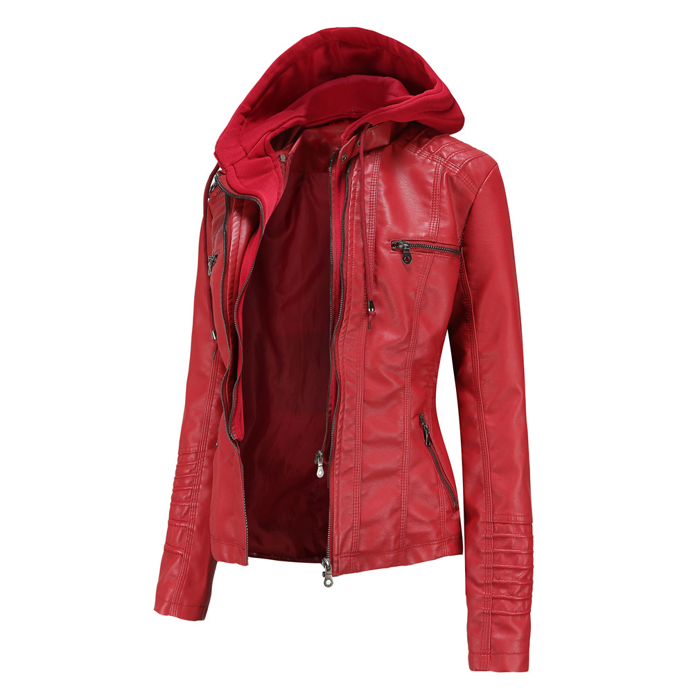 Women's Hooded Faux Leather Jacket – Detachable Hood