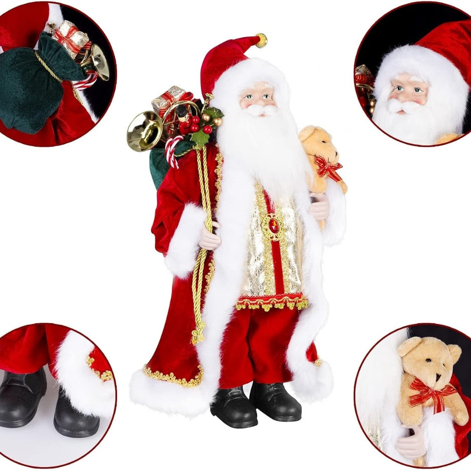 Santa Claus figurine details: beard, boots and teddy bear