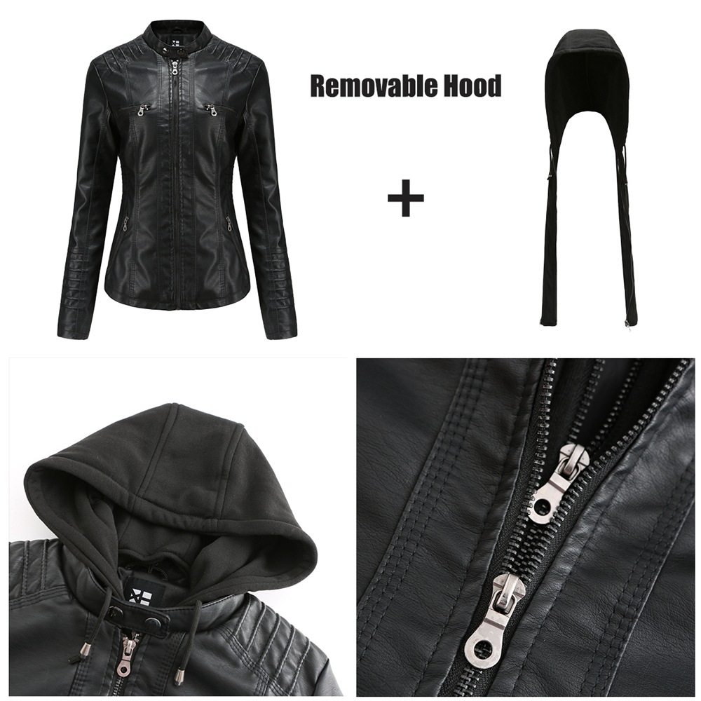 Women's Hooded Faux Leather Jacket – Detachable Hood