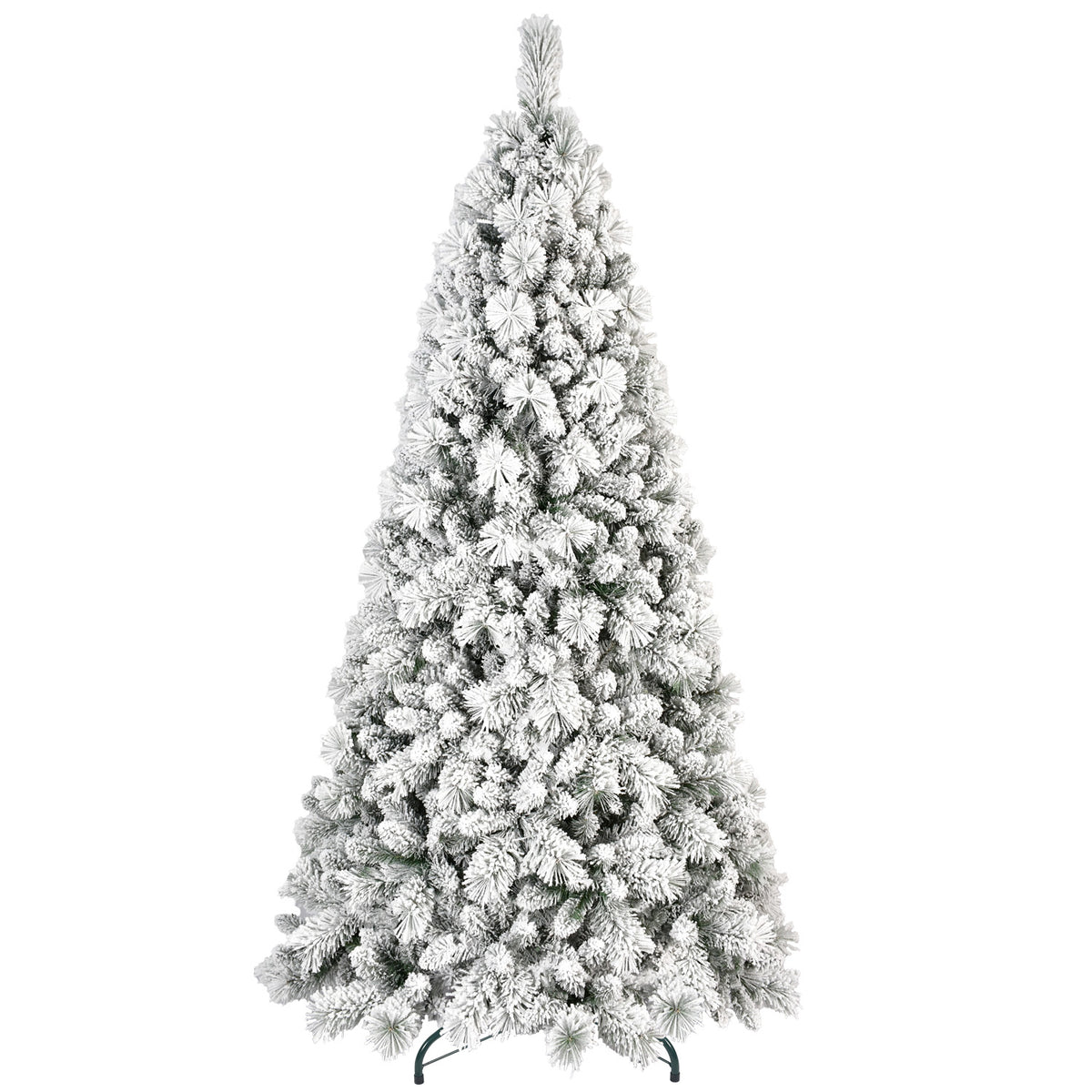 Snow flocked Christmas tree with metal stand on white background
