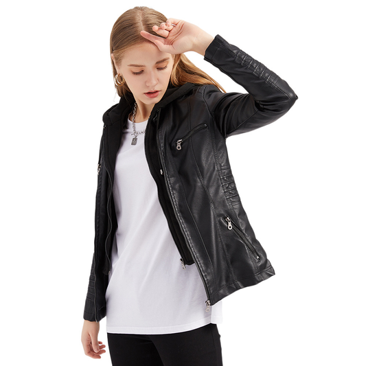 Women's Hooded Faux Leather Jacket – Detachable Hood