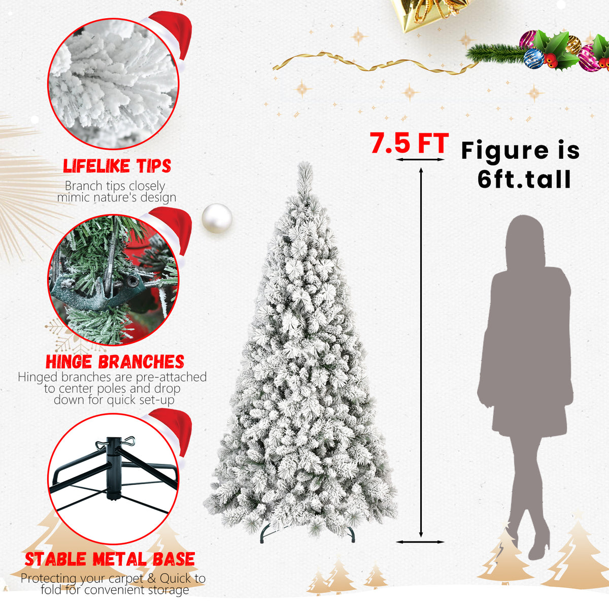 7.5ft flocked Christmas tree size compared to a 6ft person