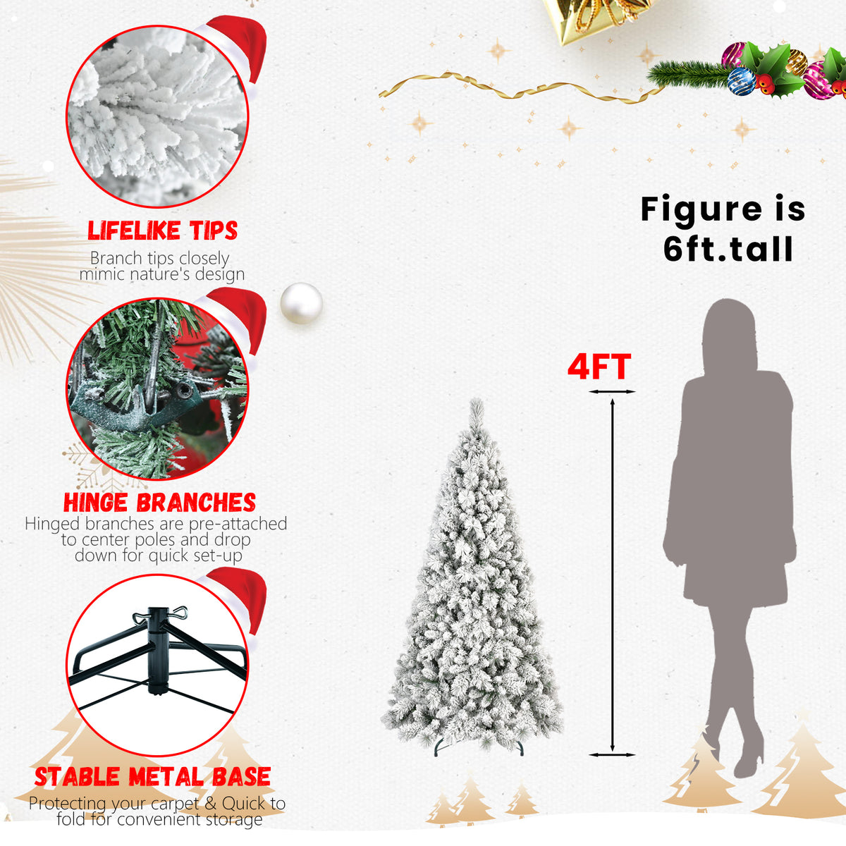 4ft flocked Christmas tree size compared to a 6ft person