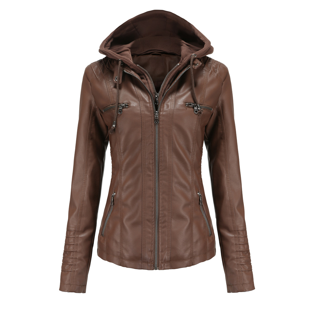 Women's Hooded Faux Leather Jacket – Detachable Hood