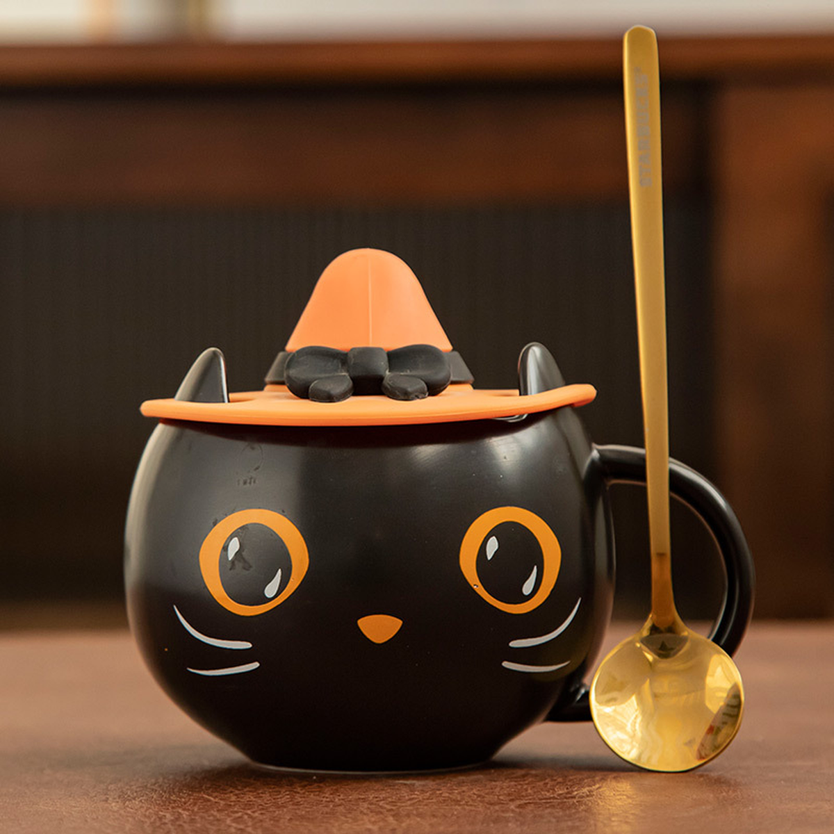 Black Cat Mug with Lid & Spoon