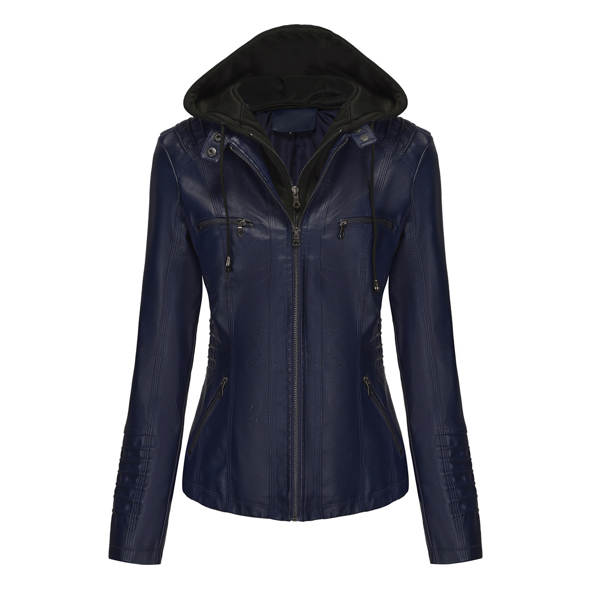 Women's Hooded Faux Leather Jacket – Detachable Hood