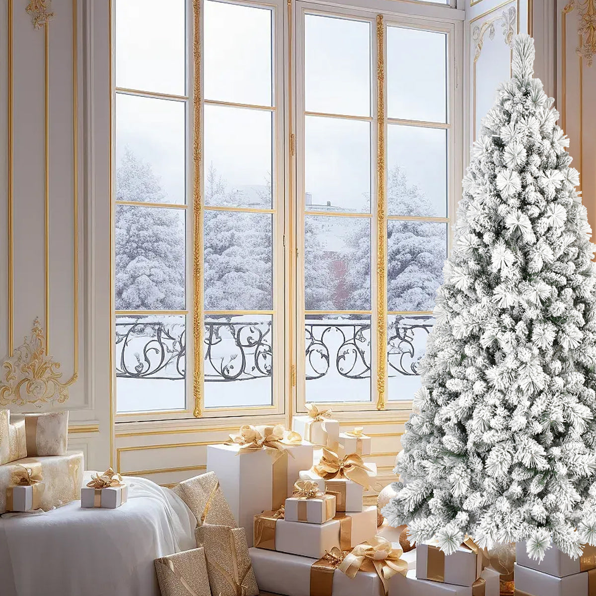 Snow flocked artificial Christmas tree in a decorated living room