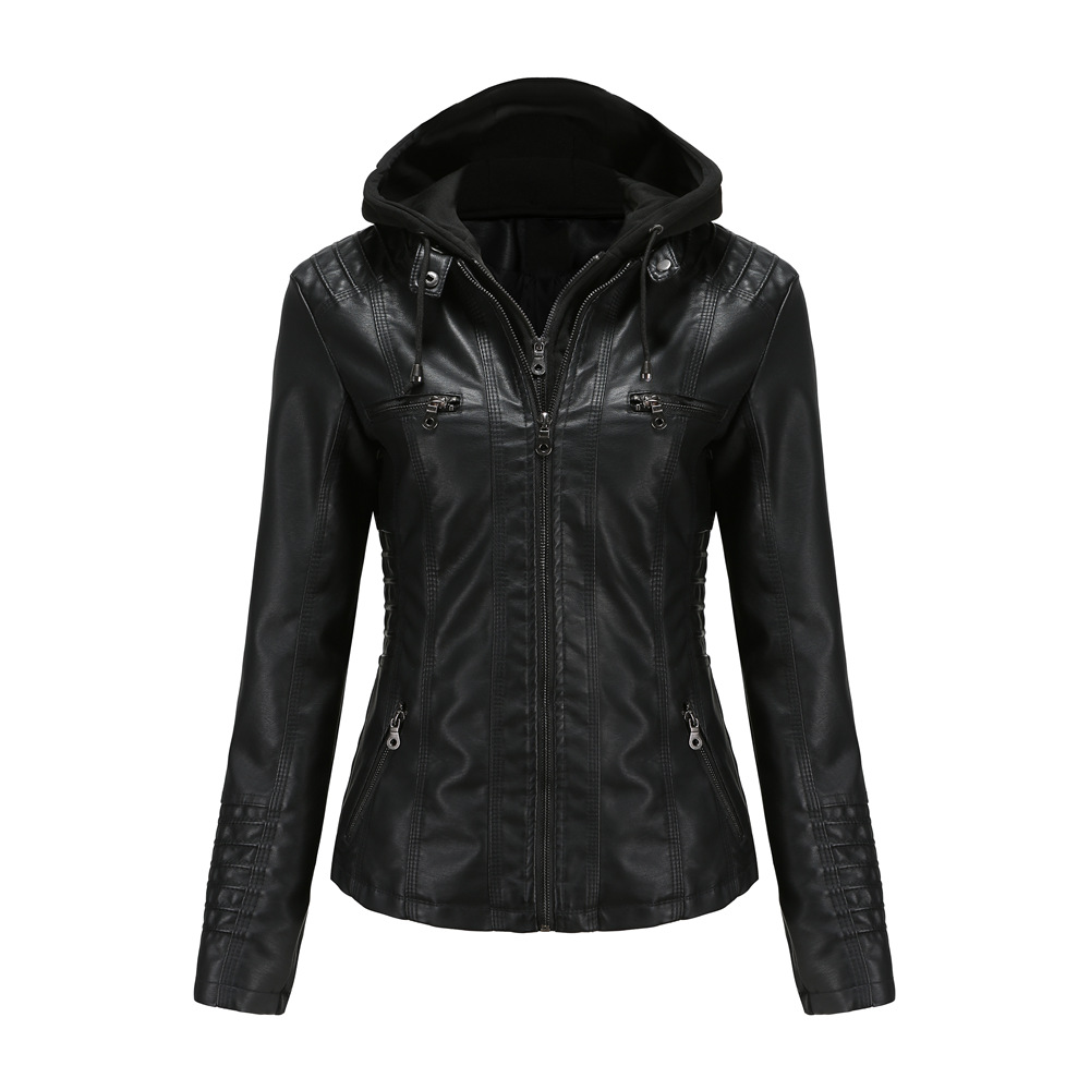 Women's Hooded Faux Leather Jacket – Detachable Hood