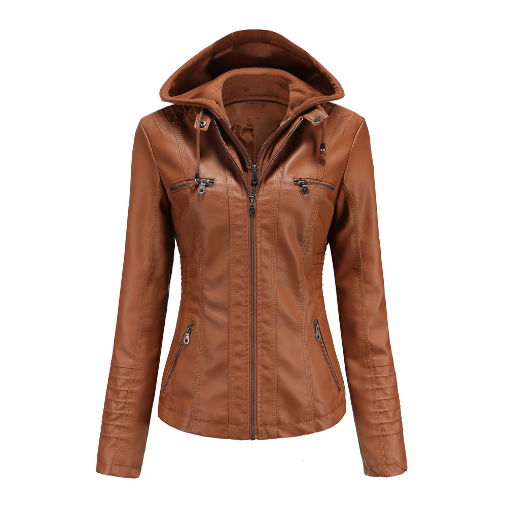 Women's Hooded Faux Leather Jacket – Detachable Hood