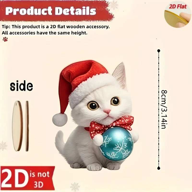 Flat Christmas Cat Wooden Ornaments — 12-Piece Set