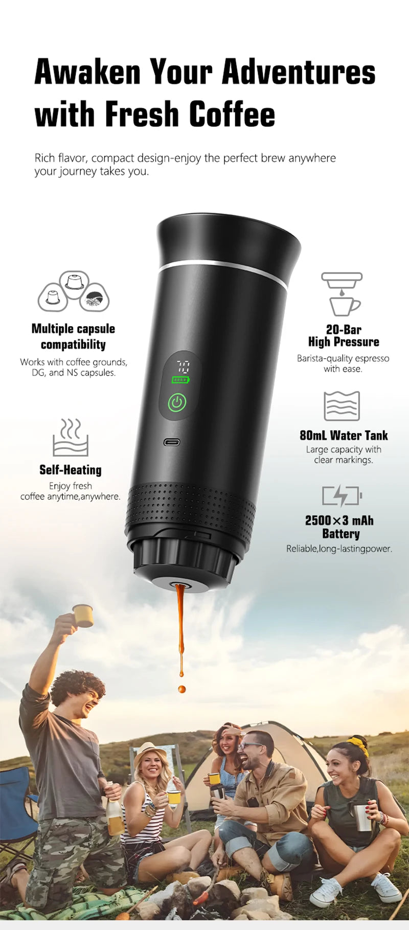 DENOKIN Portable Espresso Maker – Digital Display & 3-in-1 Brewing