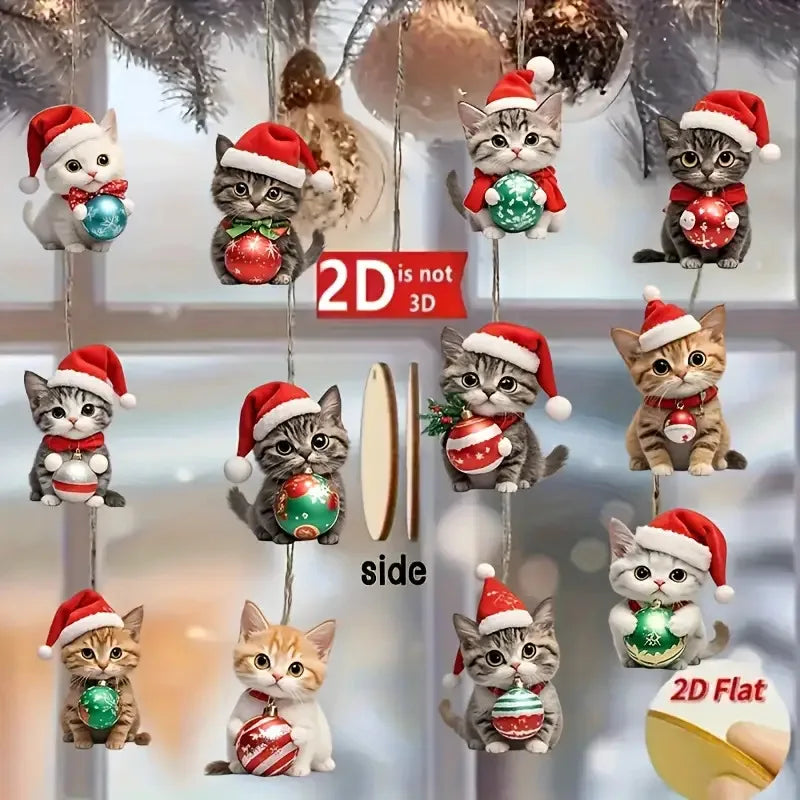 Flat Christmas Cat Wooden Ornaments — 12-Piece Set