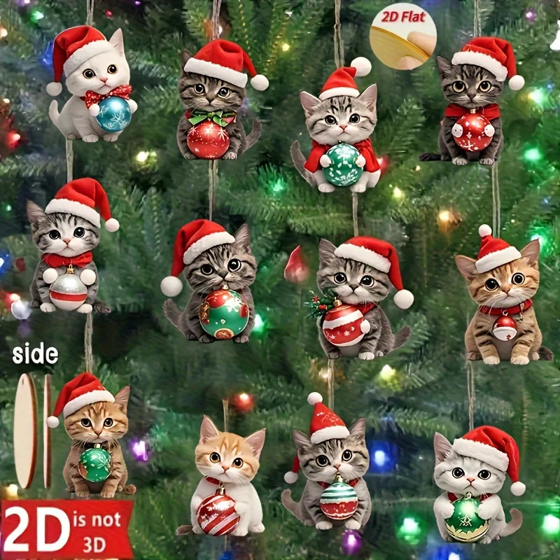 Flat Christmas Cat Wooden Ornaments — 12-Piece Set