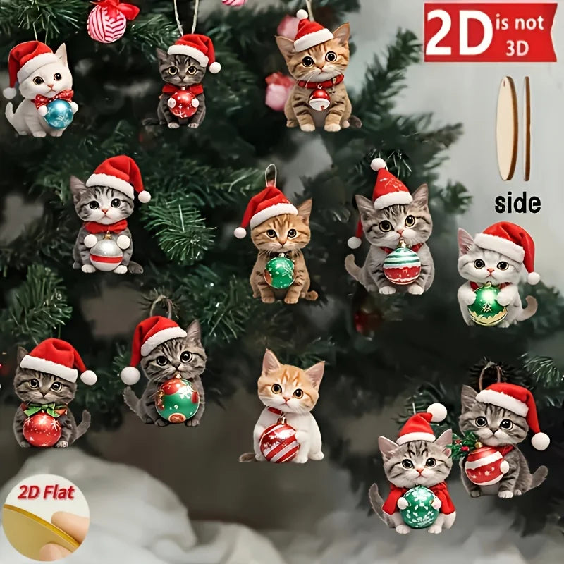 Flat Christmas Cat Wooden Ornaments — 12-Piece Set