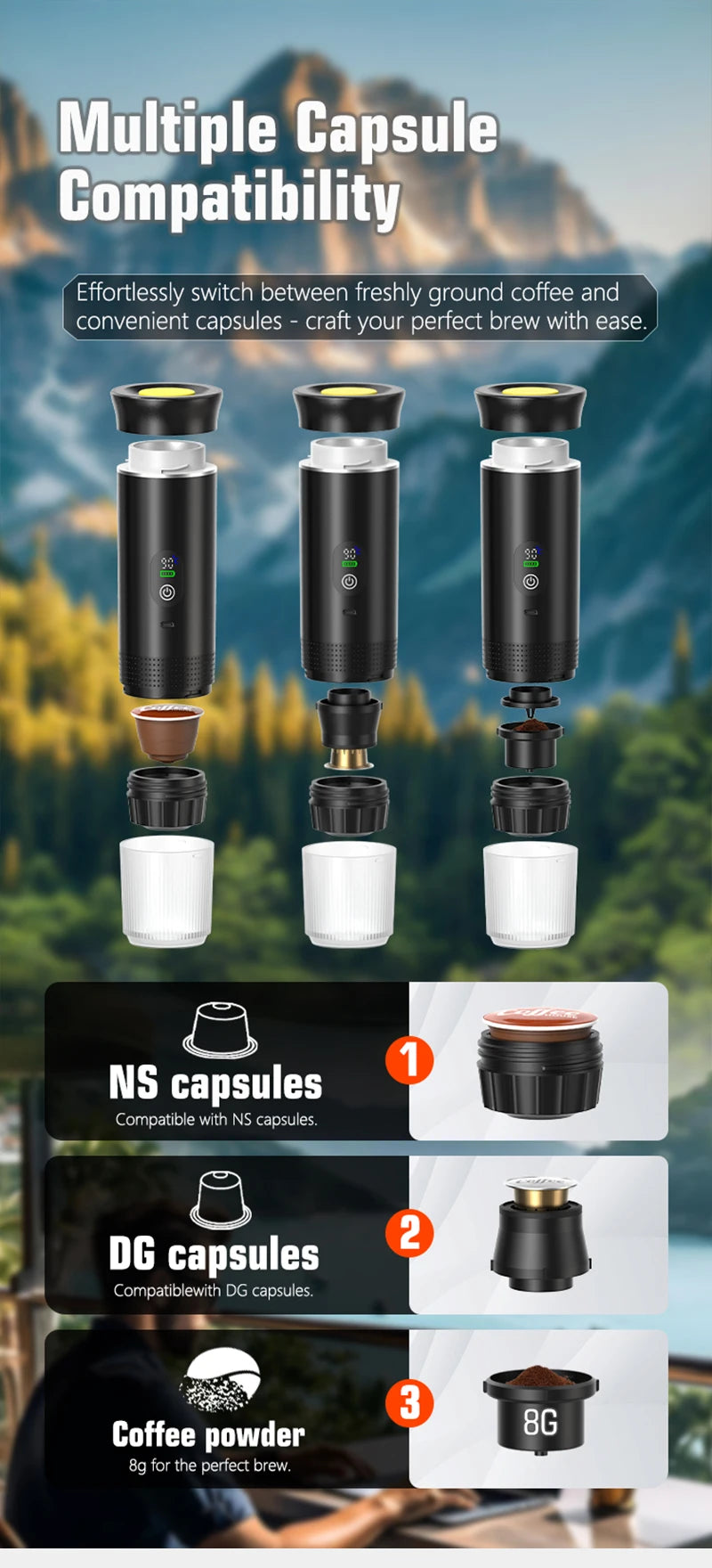 DENOKIN Portable Espresso Maker – Digital Display & 3-in-1 Brewing