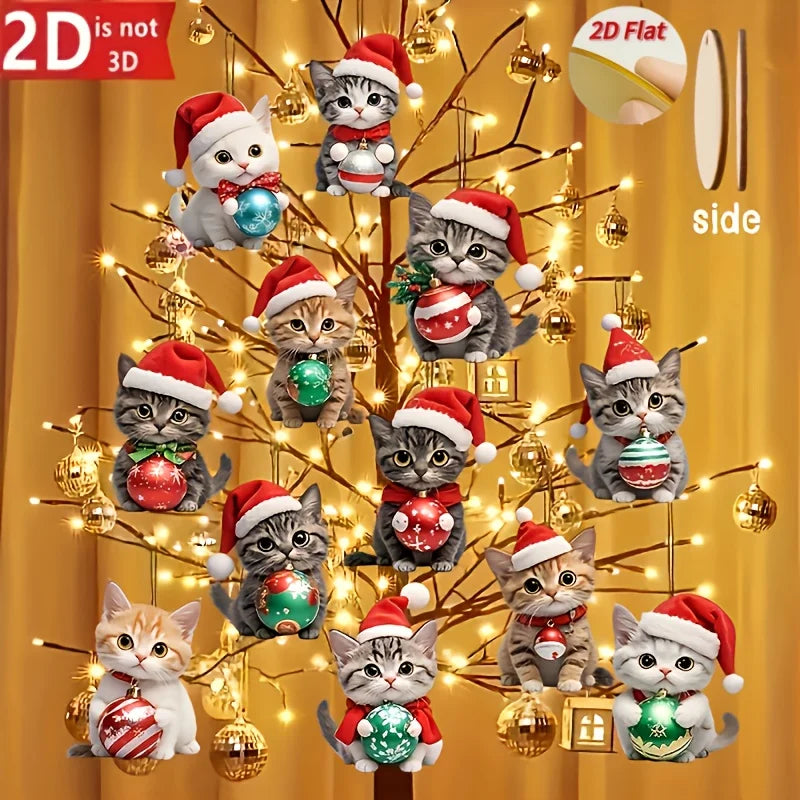 Flat Christmas Cat Wooden Ornaments — 12-Piece Set