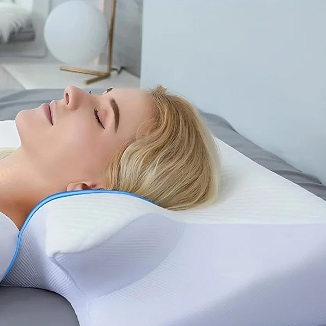 Woman sleeping on a memory foam cervical pillow
