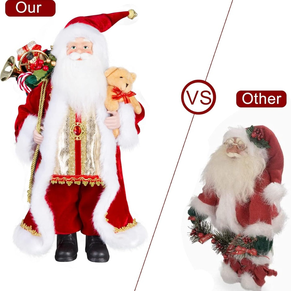 Standing Santa Claus figurine with gift bag and teddy bear