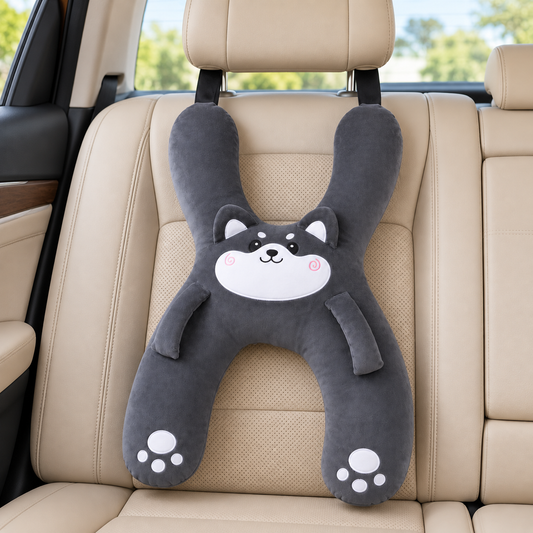 Grey Husky travel pillow displayed by itself on a vehicle seat