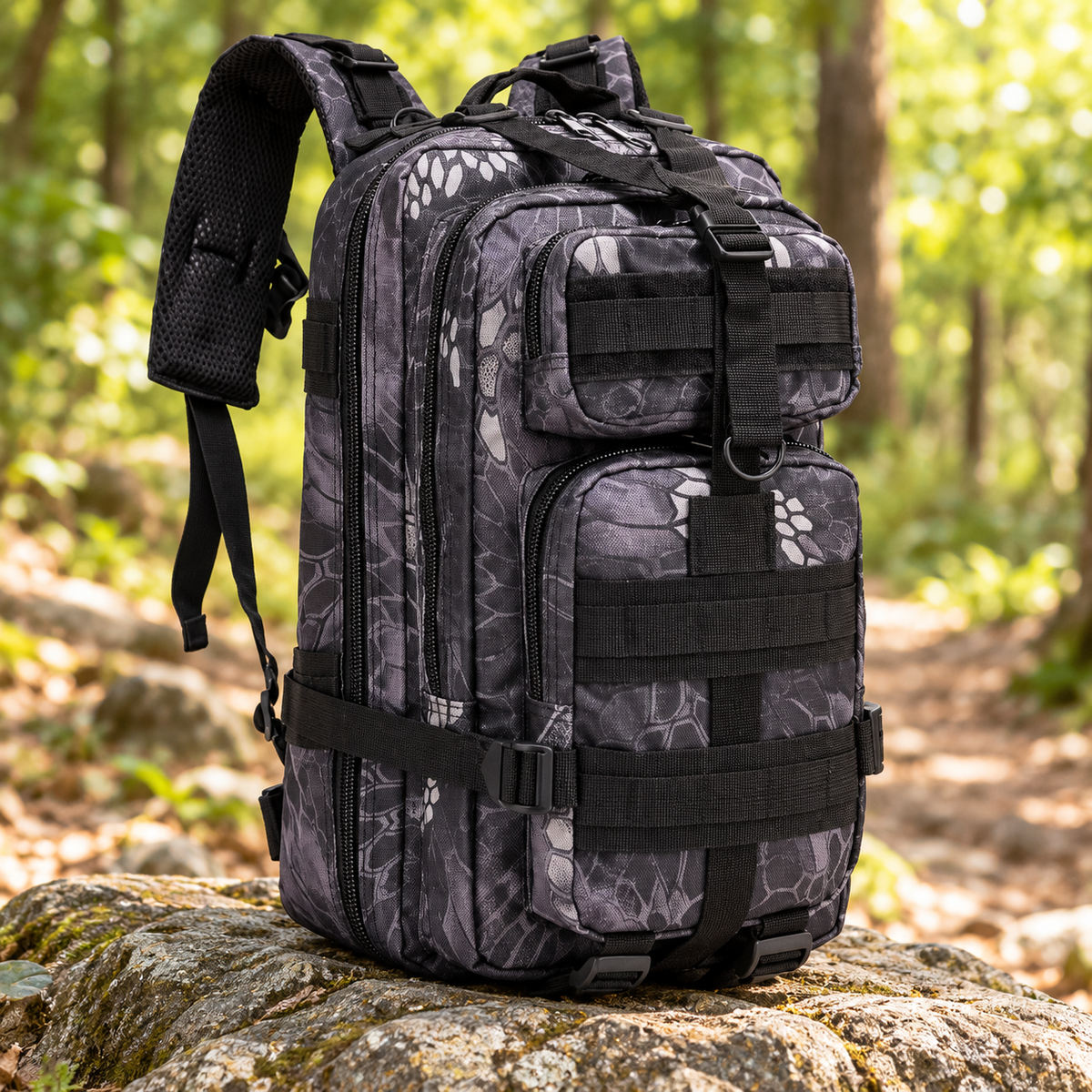 CELIROSR snake-print backpack on a woodland trail