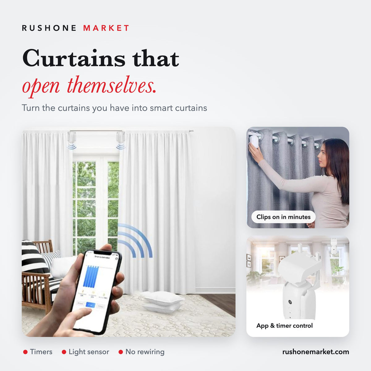 RushOne smart curtain opener controlled from phone app
