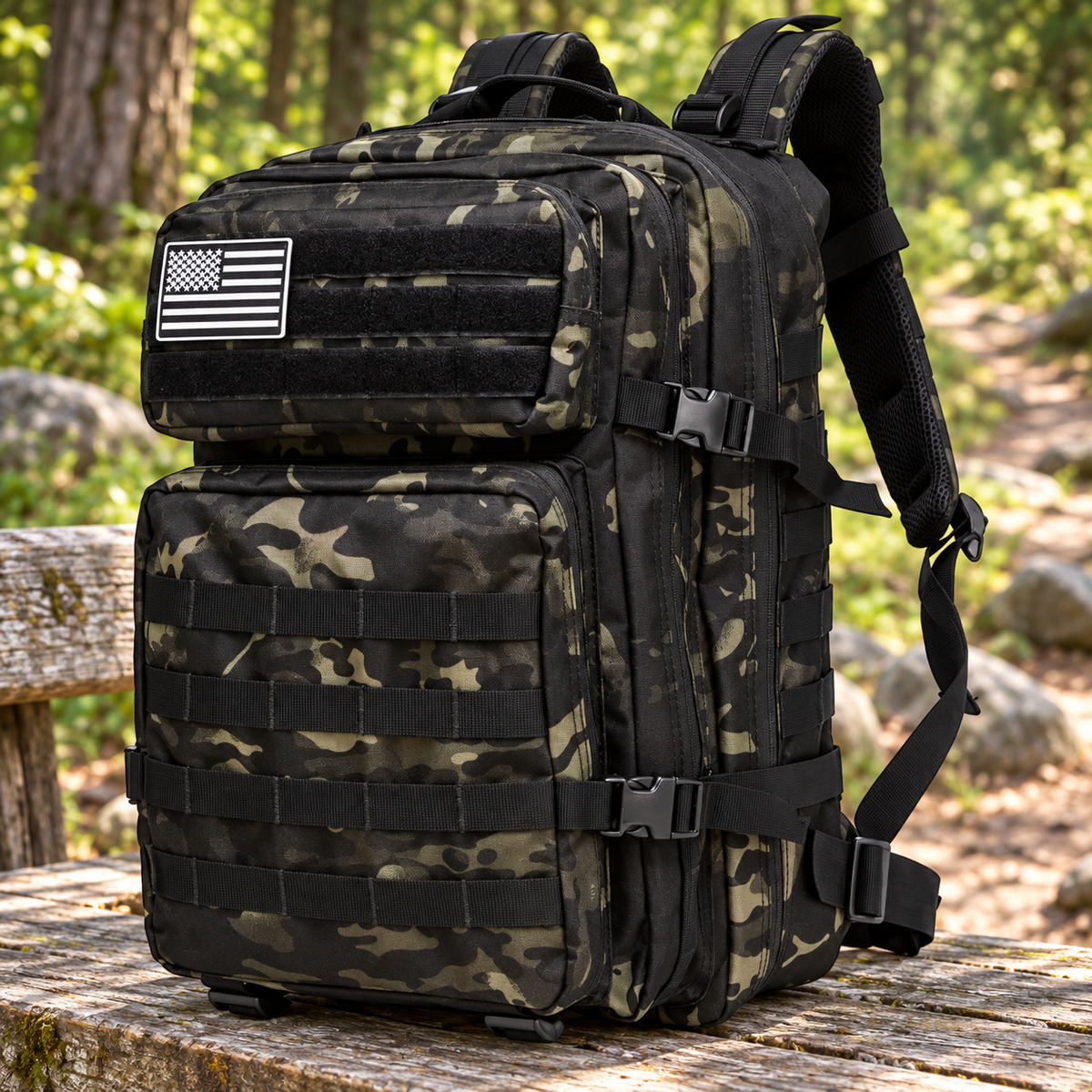 Thuram 50L black camouflage backpack on a forest bench