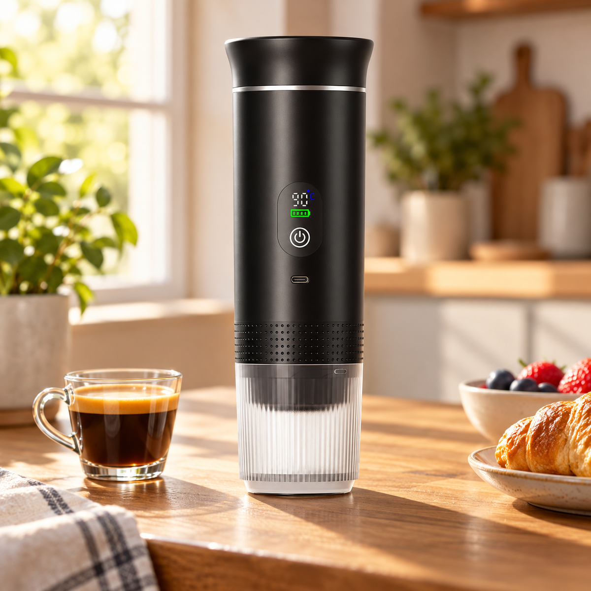 Black portable espresso maker on a wooden breakfast table; styled scene, coffee and food not included