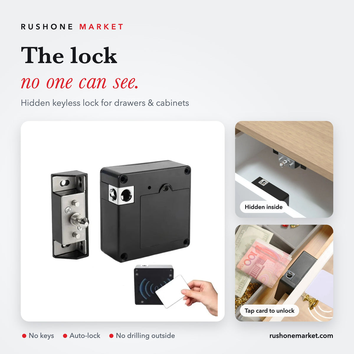 RushOne invisible keyless RFID drawer and cabinet lock