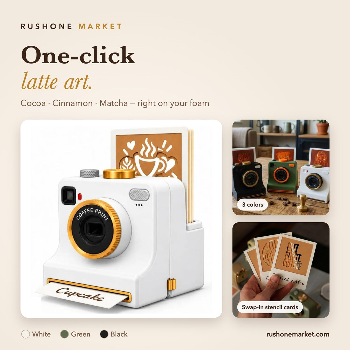 RushOne Latte Art Camera – one-click coffee stencil printer in White, Green and Black