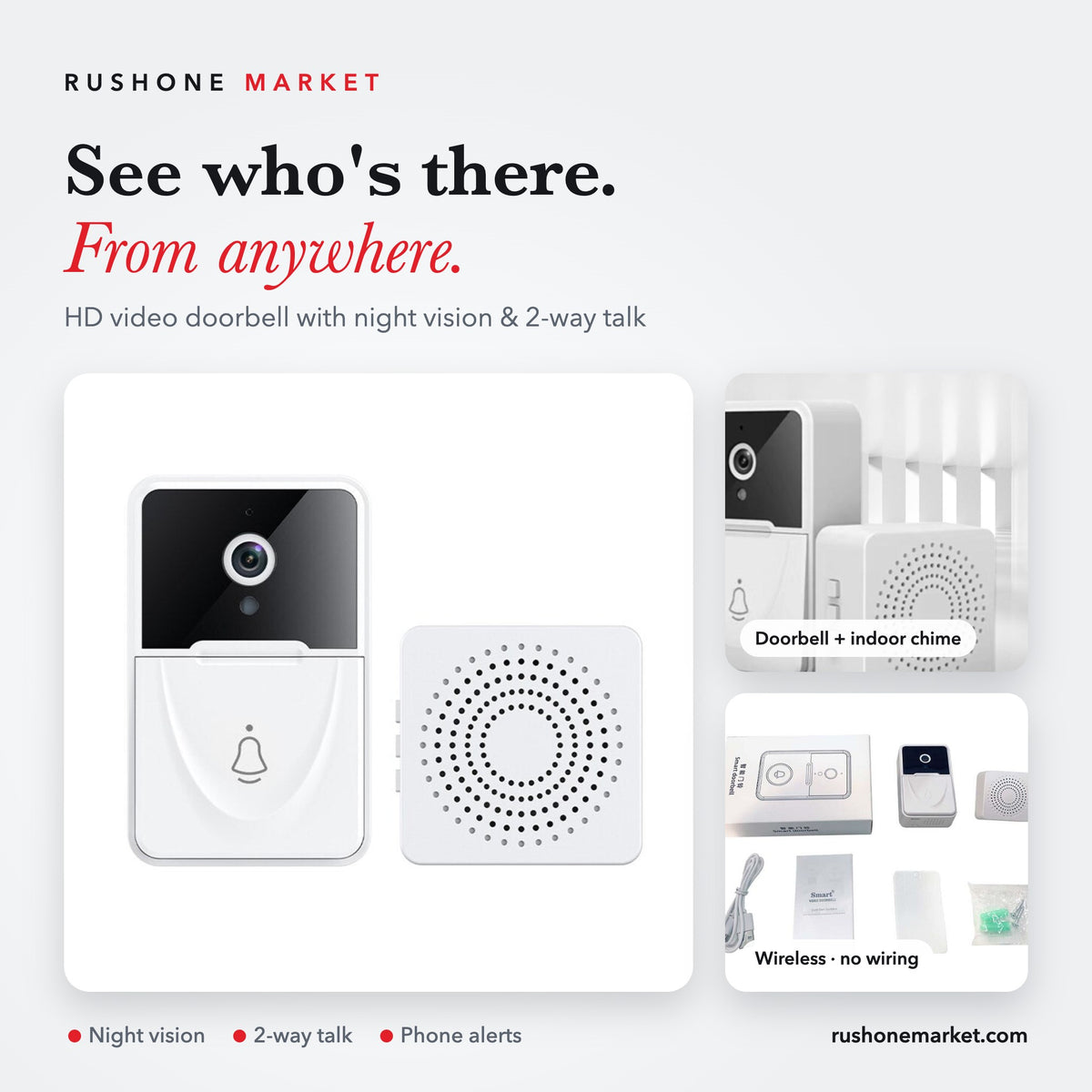 RushOne wireless video doorbell camera with indoor chime