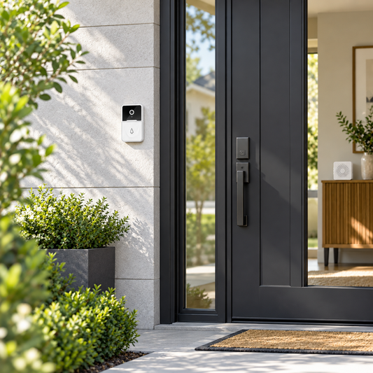 Wireless video doorbell mounted beside a modern front door with indoor chime